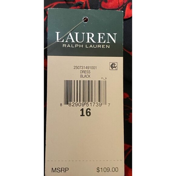 Lauren Ralph Lauren Dress 16 Surplice Jersey Faux Wrap Black Red Midi - Picture 13 of 15